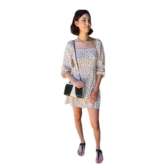 Cotton On M Ivory Floral Long Sleeve Square Neckline Mini Dress - Picture 5 of 14